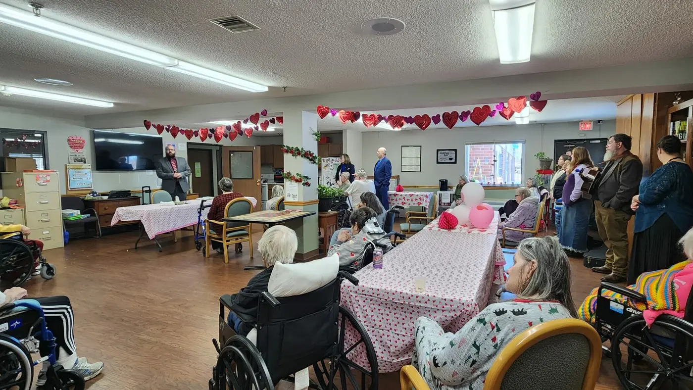 Residents gathered for church at the local nursing home